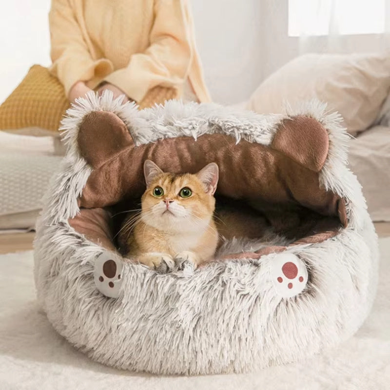 Warm Long Plush Pet Bed / Cat Nest Kennel – Soft Round Cushion House