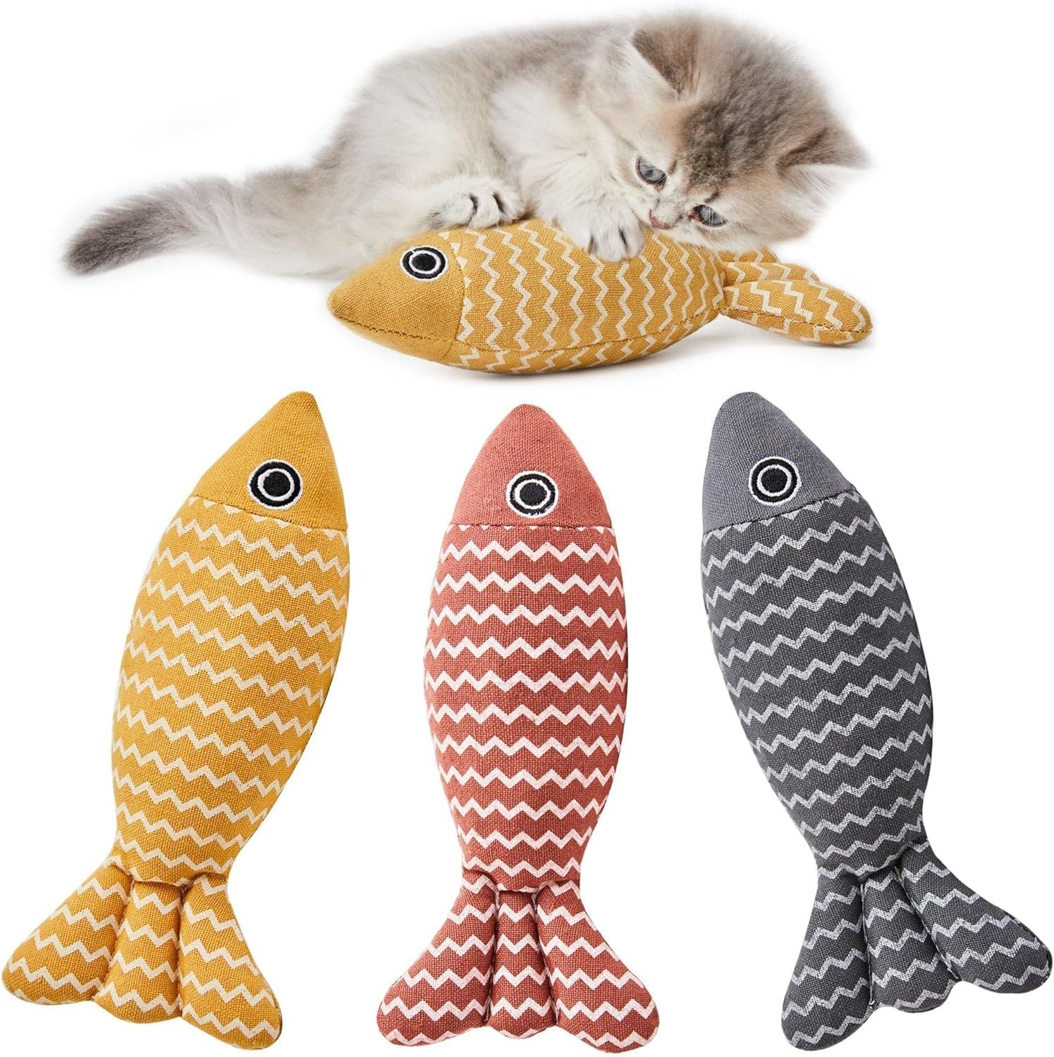3-Piece Catnip Fish Kicker Toy Set – Crinkle Sound, Soft Linen