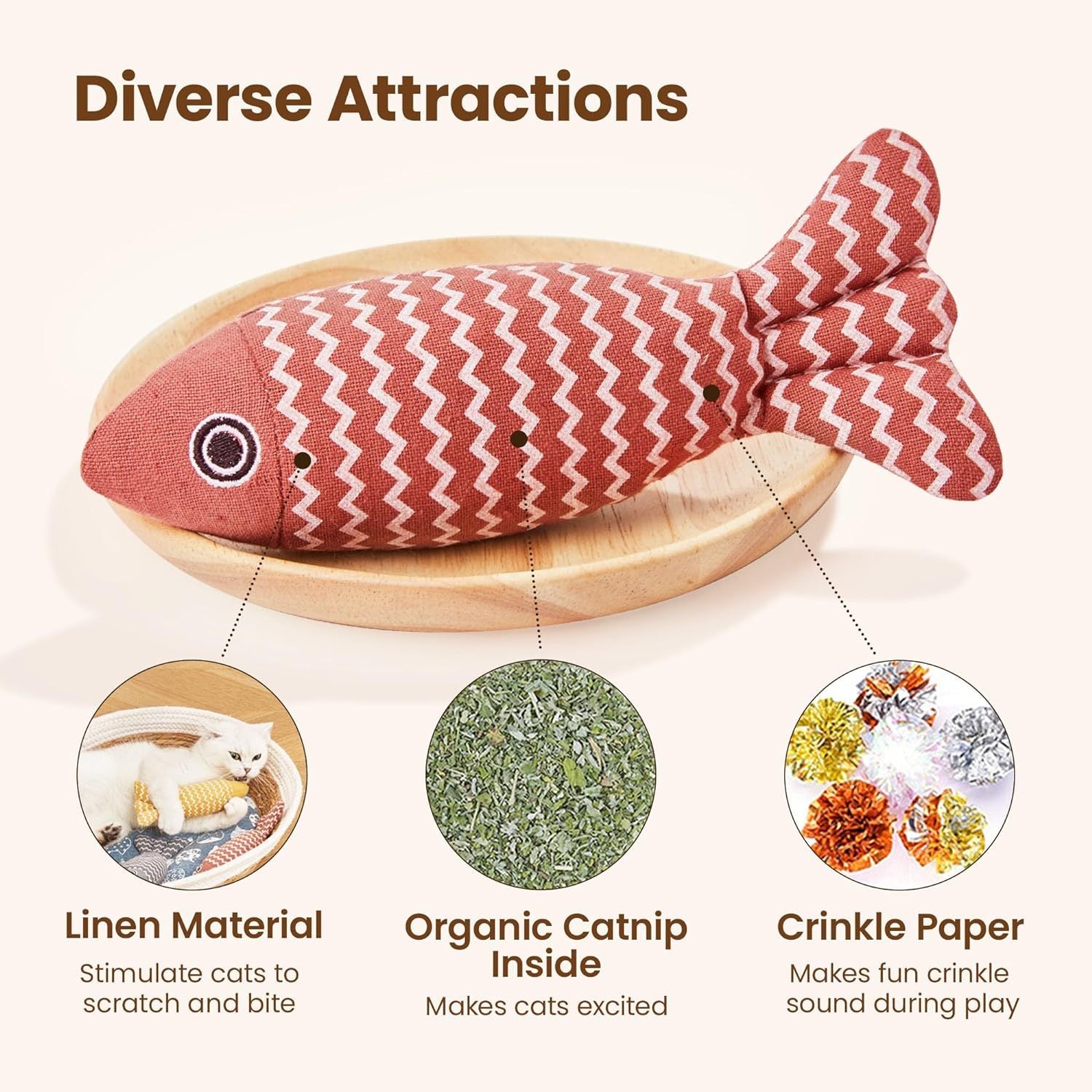 3-Piece Catnip Fish Kicker Toy Set – Crinkle Sound, Soft Linen