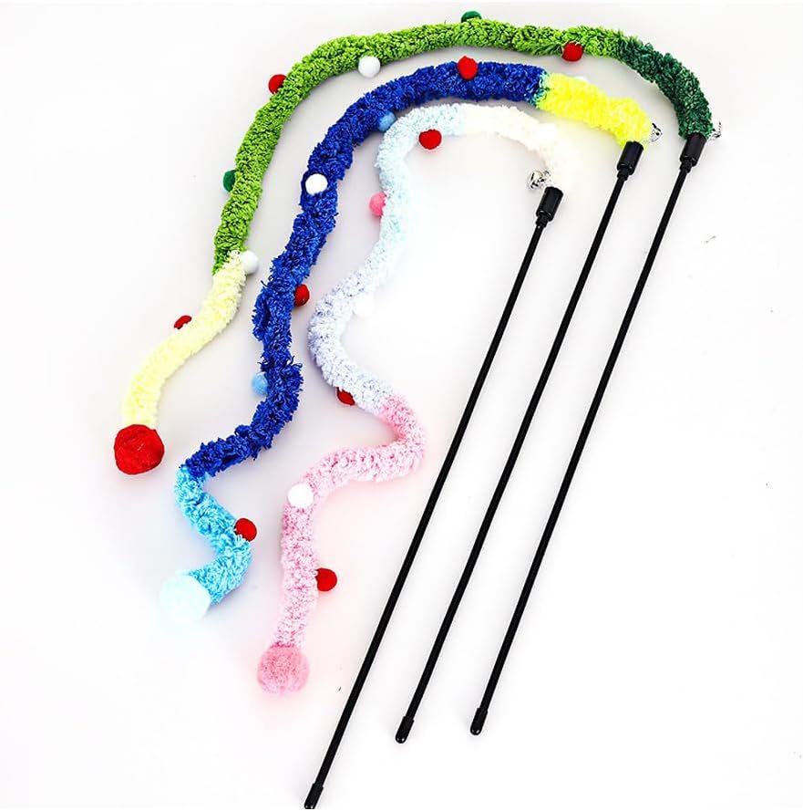 Interactive Plush Cat Wand Toy – Colorful Ribbon Teaser for Indoor Cats