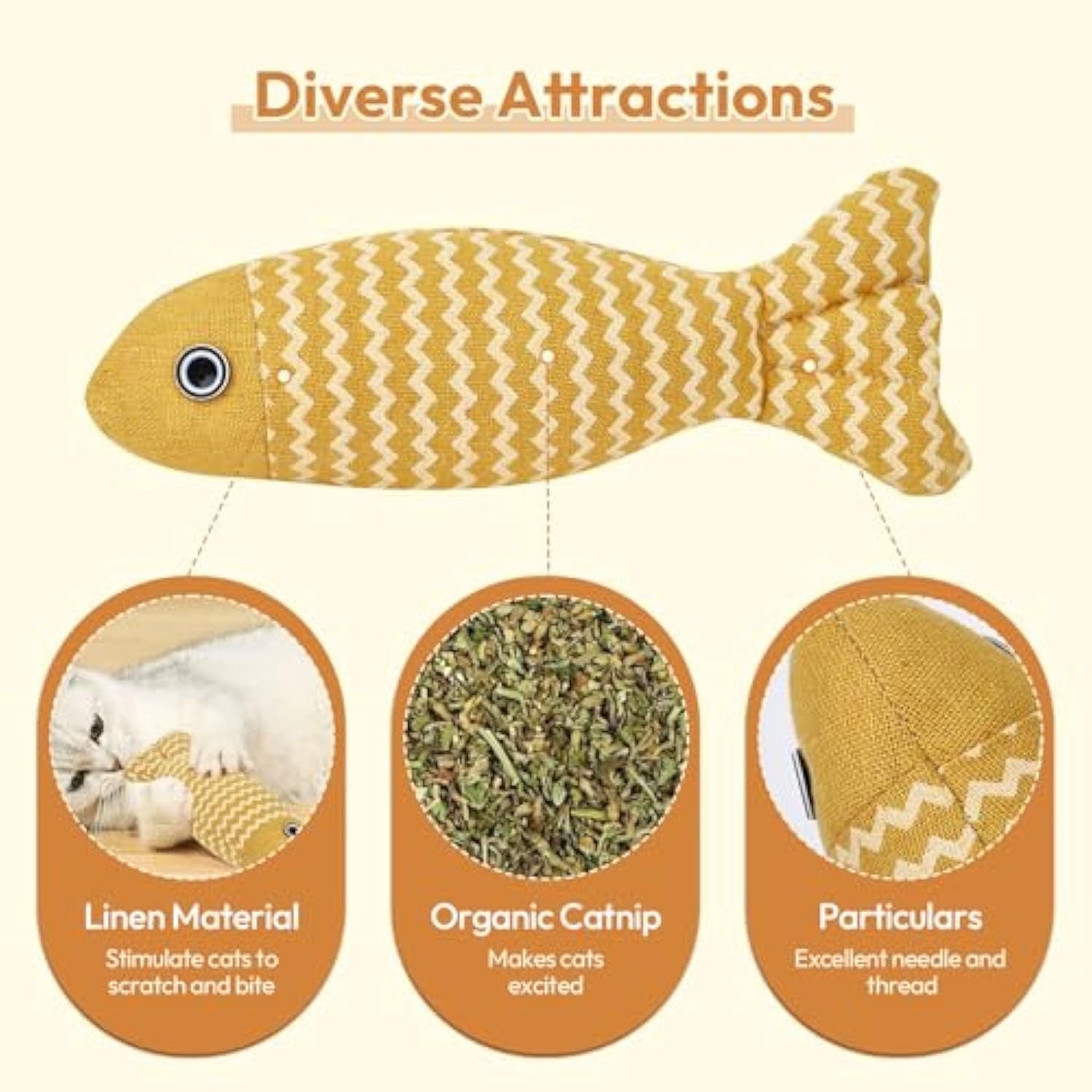 3-Piece Catnip Fish Kicker Toy Set – Crinkle Sound, Soft Linen