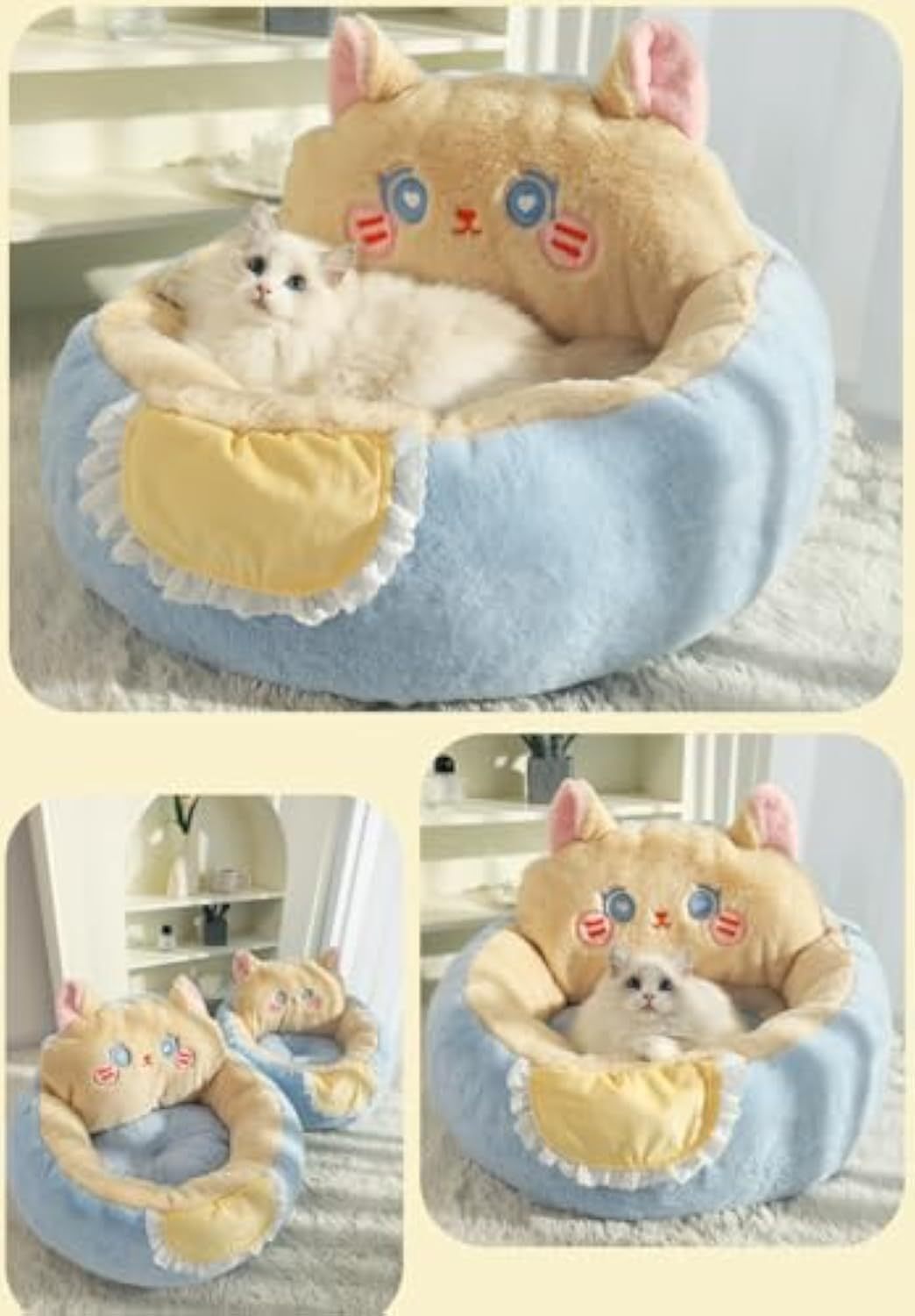 Cute Cat Bed for Indoor Cats – Soft Plush Pet Cave with Removable Cushion
