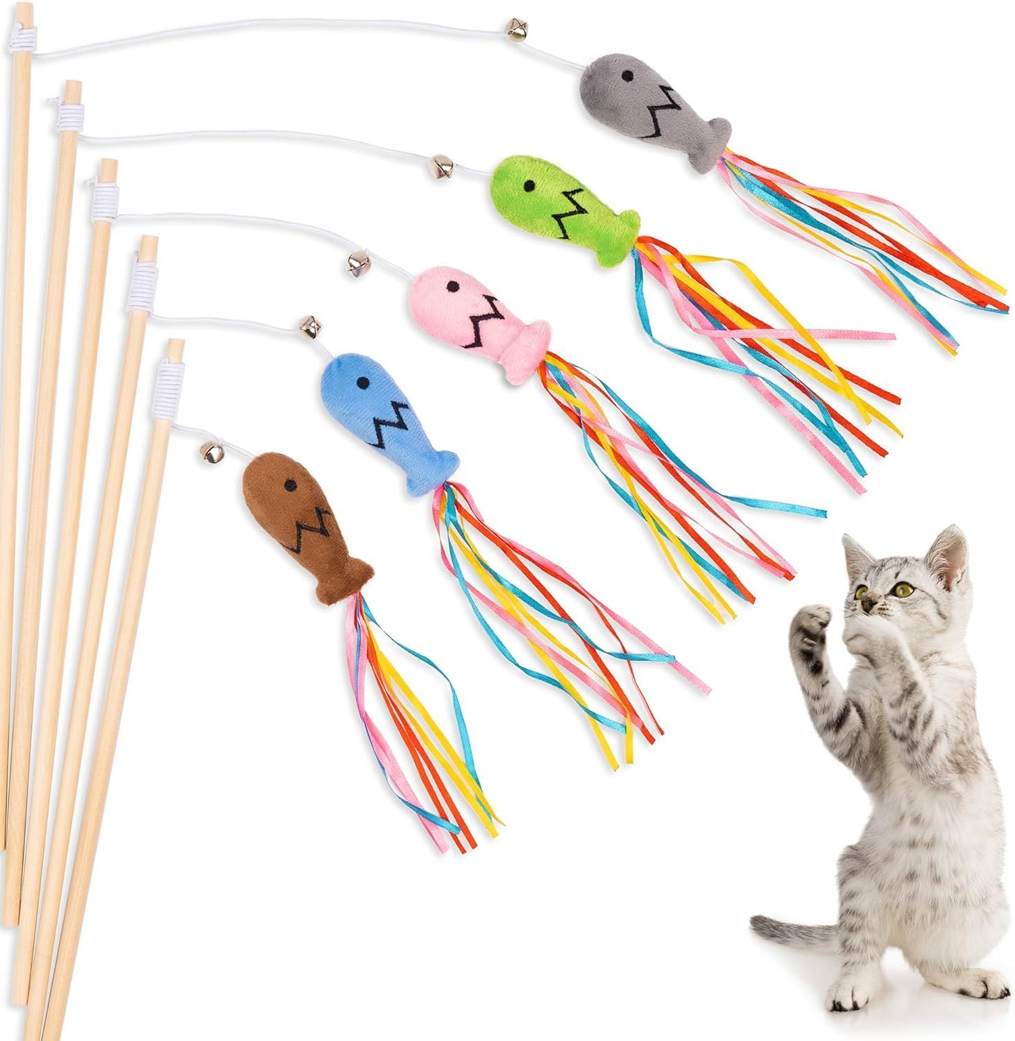 Interactive Cat Wand Toy with Catnip Fish & Colorful Ribbons – Bell-Enhanced Teaser for Indoor Cats