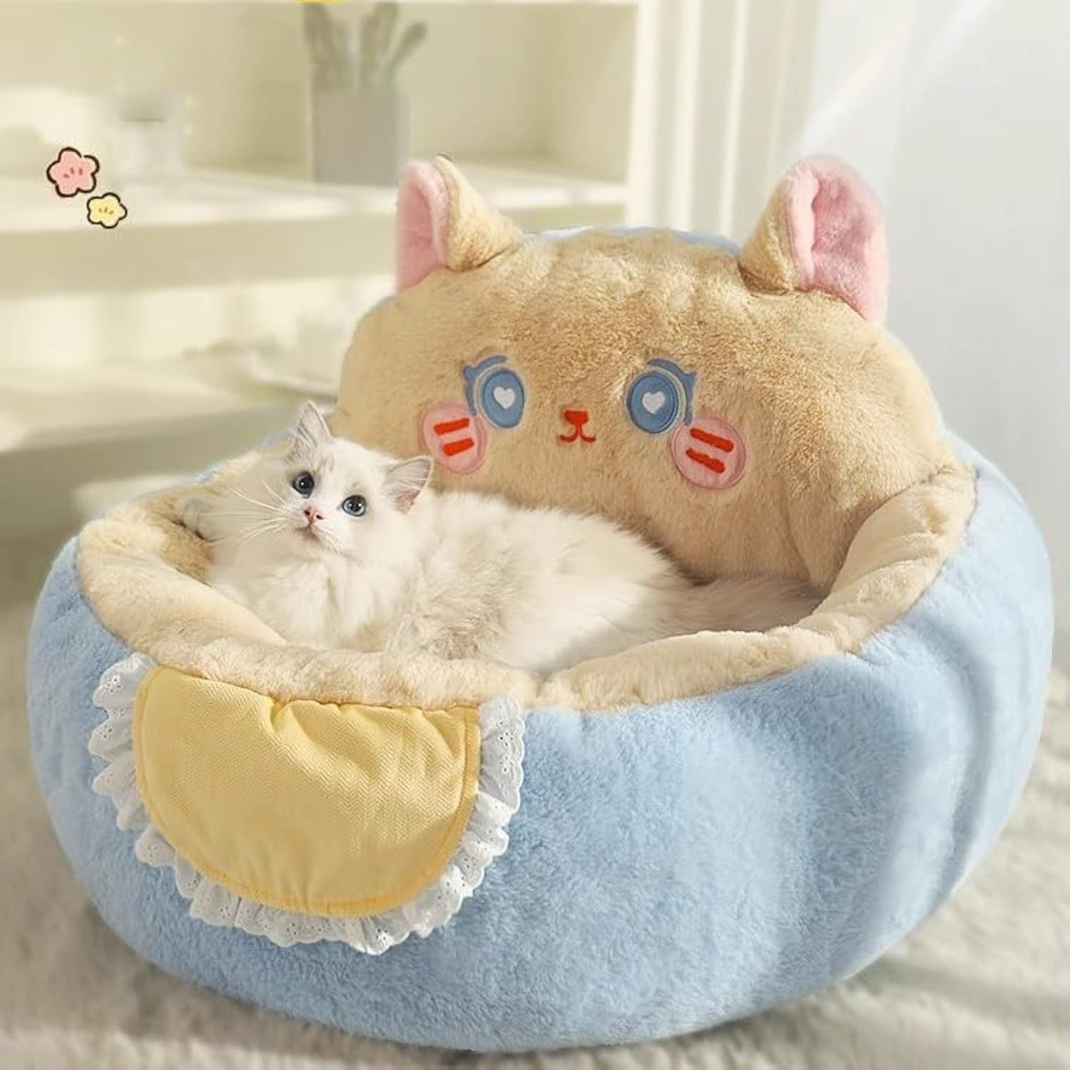 Cute Cat Bed for Indoor Cats – Soft Plush Pet Cave with Removable Cushion