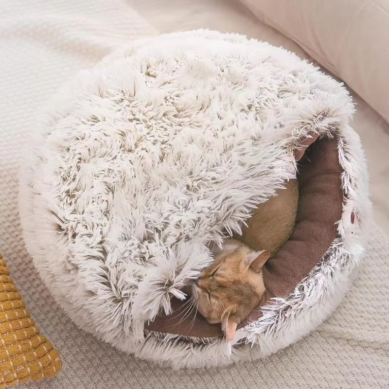 Warm Long Plush Pet Bed / Cat Nest Kennel – Soft Round Cushion House