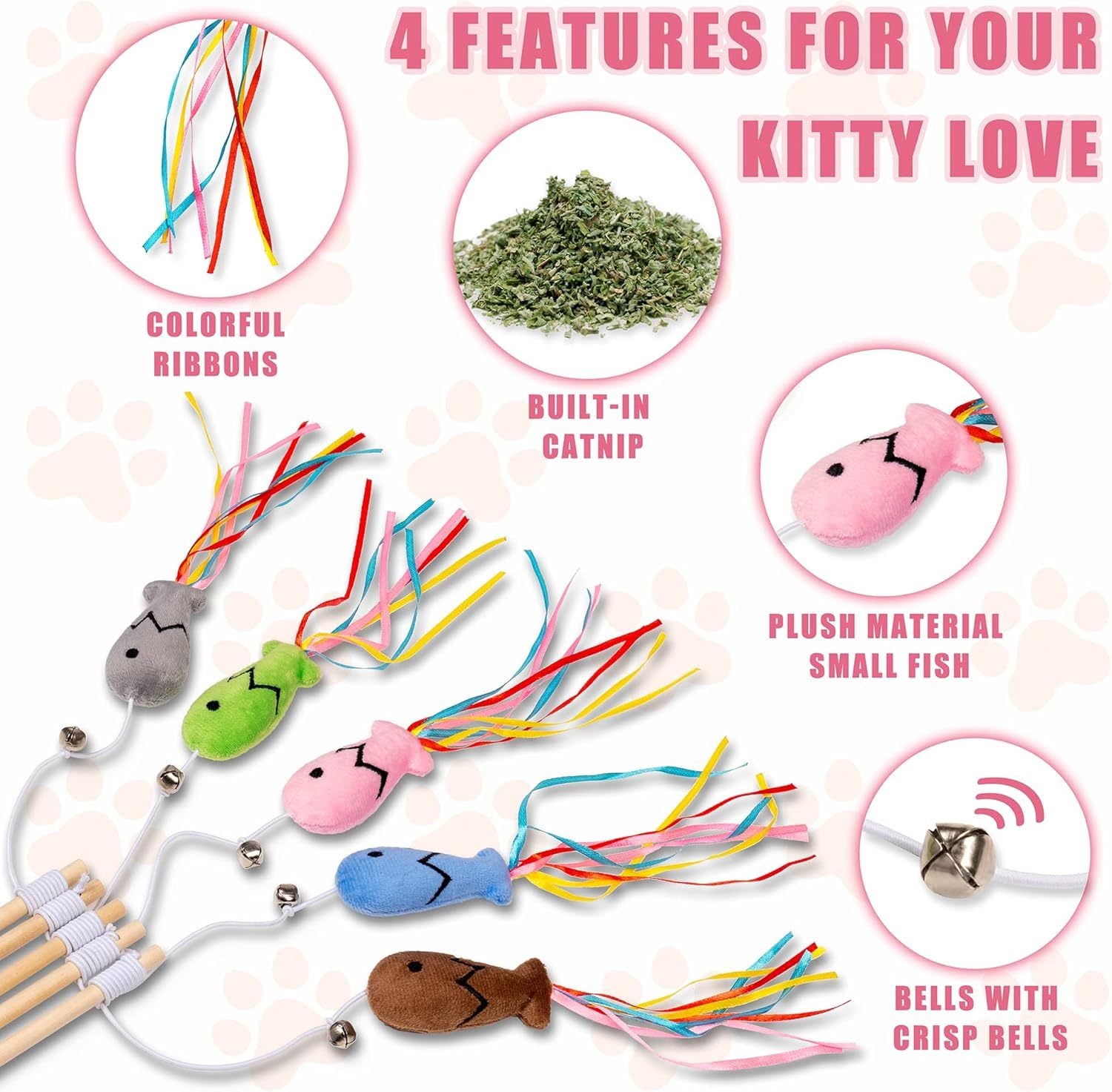Interactive Cat Wand Toy with Catnip Fish & Colorful Ribbons – Bell-Enhanced Teaser for Indoor Cats