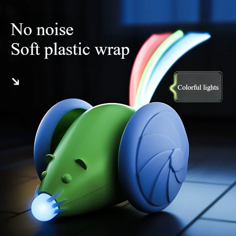 Electric Mouse Cat Toy – Automatic Teasing Stick with Rotating Tail & LED Feather, USB Rechargeable