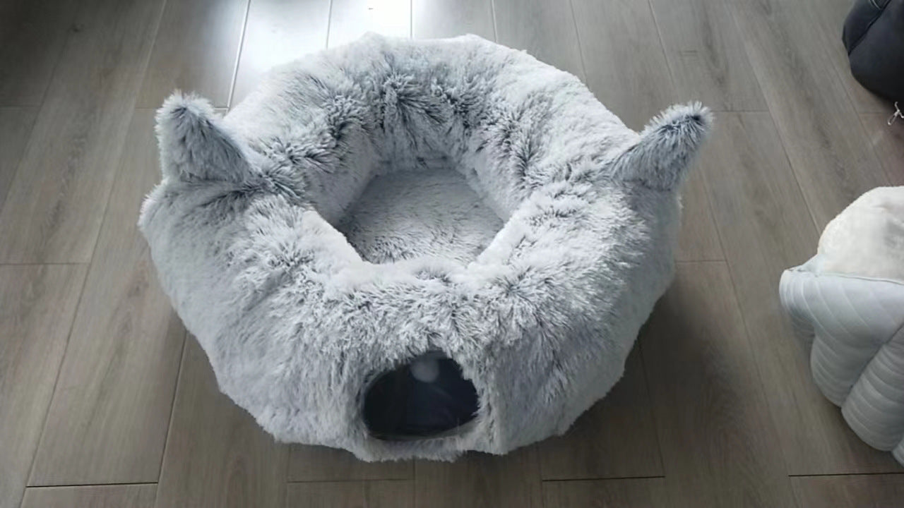 Winter Warm Plush Cat Tunnel Bed – Foldable, Cozy Hideaway for Cats & Small Pets