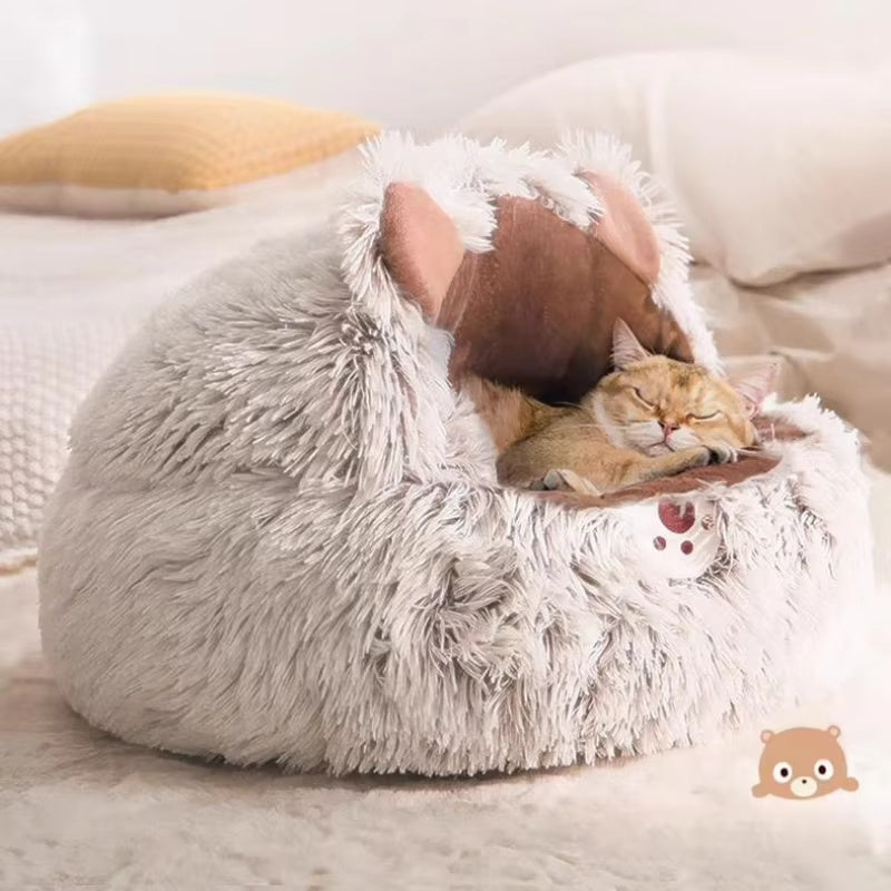 Warm Long Plush Pet Bed / Cat Nest Kennel – Soft Round Cushion House