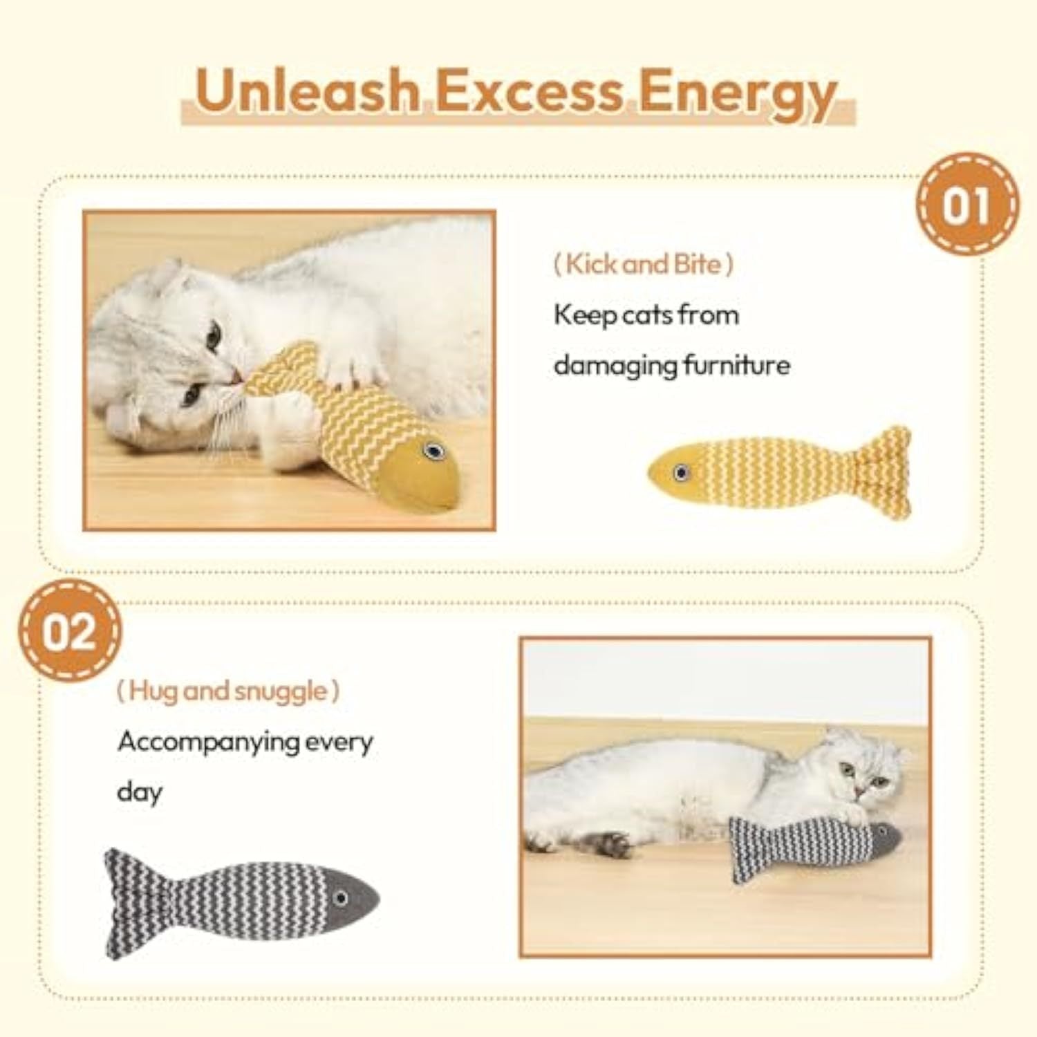 3-Piece Catnip Fish Kicker Toy Set – Crinkle Sound, Soft Linen